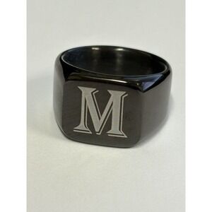 Black Stainless Steel M Monogram Initial Large Square Signet Ring, Size 8